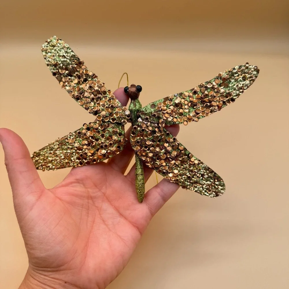Large Glitter Dragonfly Clip Ornament Gold Sequin Green Sparkle Hanging Decor